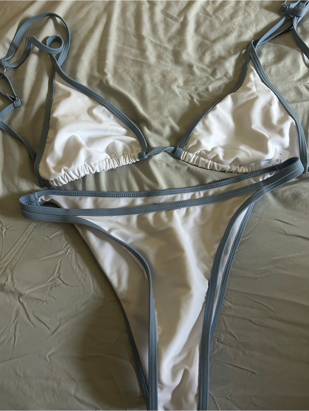 White and Gray Trim Triangle Bikini Set - Women Intimates & Sleepwear